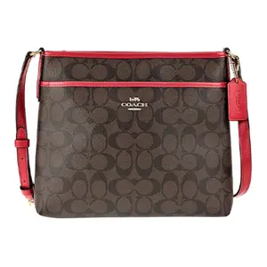 COACH File 26 Printed Zip Crossbody Bag – Classic Monogram Canvas and Leather, Unisex Large Tote in Dark Brown and Red