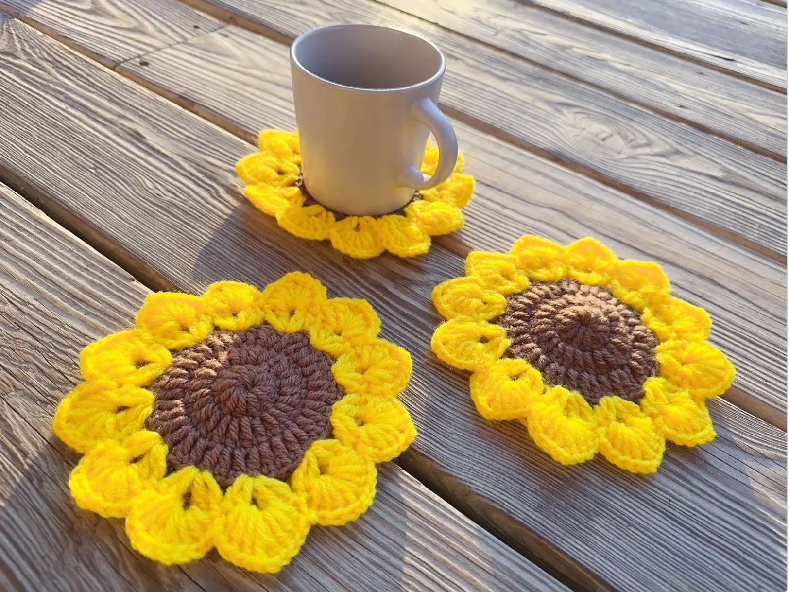 Crochet sunflower tea coasters