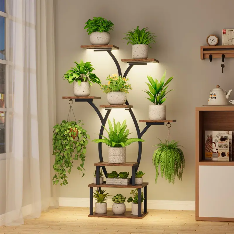 BACEKOLL 8-Tier 0.85mm Metal Corner Planter Rack with 8 Wider Potting Shelves, Grow Light Support, Heavy-Duty Build, Wood Accents, Light Intensity Settings, Assembly Guide, Beautiful Home Décor for Living Room, Balcony, Indoor Plants & Books