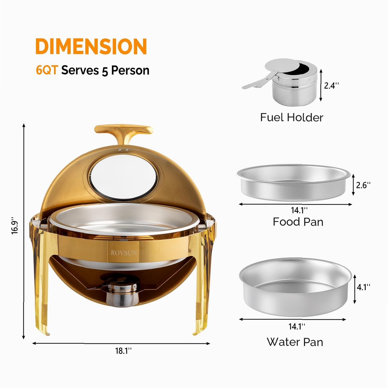 [FLASH SALE | ROVSUN ] 6 QT Roll Top Round Gold Chafing Dish Buffet Set with Visible Window
