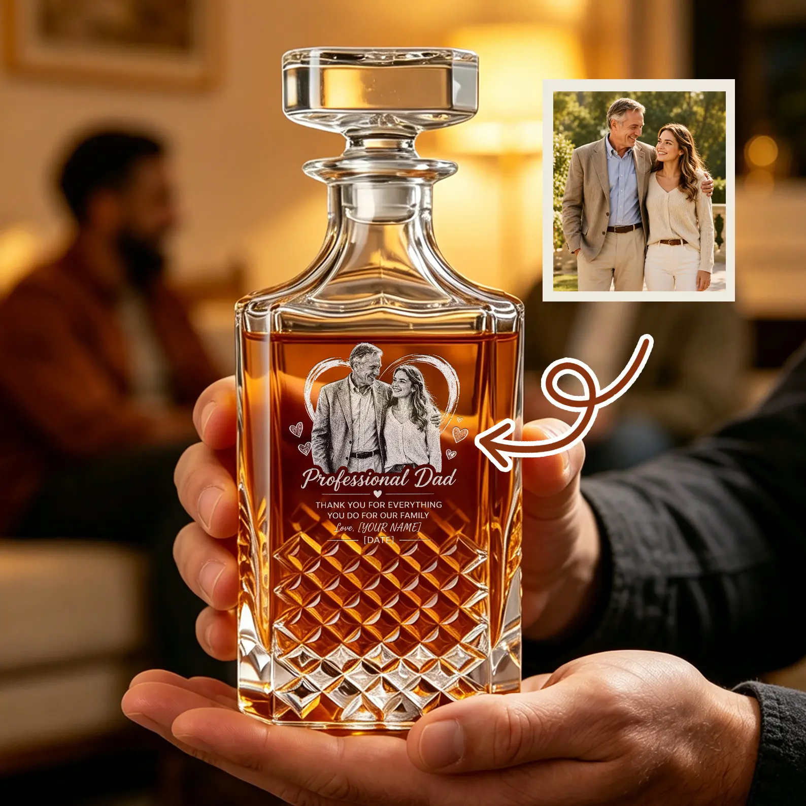 Custom Photo Whiskey Decanter Set in Wooden Box | Personalized Laser Engraved | Wedding, Retirement, Father's Day Gift