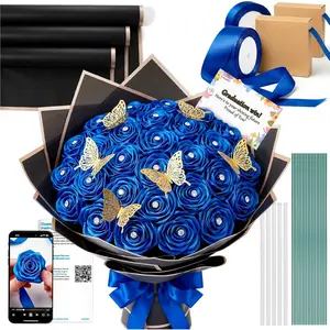 Royal Blue Bouquet-Shaped Artificial Flowers Kit for 2026 Graduation Gifts, 91PCS Ribbon Rose Making Set with Floral Stem Wire, Wrapping Paper, Glue Stick, 3D Butterfly & Diamond Pins
