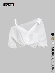 1 Spring Summer Asymmetric Cold Shoulder Blouse Women | Collared Button Down Textured Fabric 3/4 Sleeve | Clean Girl Casual Chic Style for Daily Vacation Beach Travel