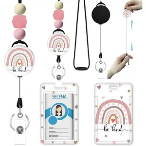 *Z-KC41   Teacher Lanyards for Id Badges, ID Badge Holder with Silicone Beaded Lanyard Badge Reel Retractable Clip, Cute Rainbow Lanyard with ID Holder Retractable Keychain, Office Name Tag Badge Holder