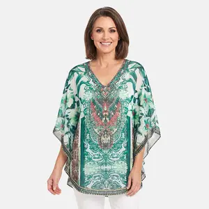 La Marey Green Chiffon Printed Kaftan - One Size Fits Most