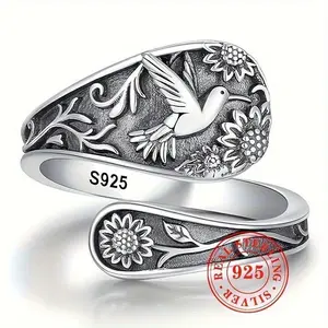 925 sterling silver adjustable vintage ring-bohemian leaf flower Bird carving open ring jewelry