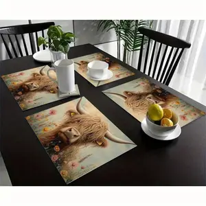 1pc/4pcs/6pcs flax Highland Cow Placemat Set - Heat-Resistant Scottish Cow & Scottish Wildflowers Table Mats, Rustic Farmhouse Kitchen Dining Decor, Hand Washable Polyester Tableware for /Outdoor Use, Country Housewarming Wedding Gift (Cow Print Table
