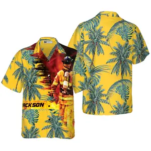 Firefighter Yellow Tropical Custom Hawaiian Shirt, Personalized Tropical Palm Tree Firefighter Shirt For Men, Short Sleeve Casual Button Down Shirts Summer Beach Shirt, Tropical Floral Shirt