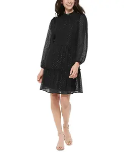 Tommy Hilfiger Women's Petite Black Long-Sleeve Chiffon Shift Dress