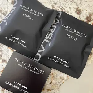 CARSLAN Black Magnet Oil Blotting Setting Sheet With Powder More Control Oil Keep Fresh 2 IN 1 Blotting Sheet with Mirror Puff & Recyclable Case, 450 Sheets 1 Box 2 Refills, Oil Sucker Blotting Paper, For Touch Up