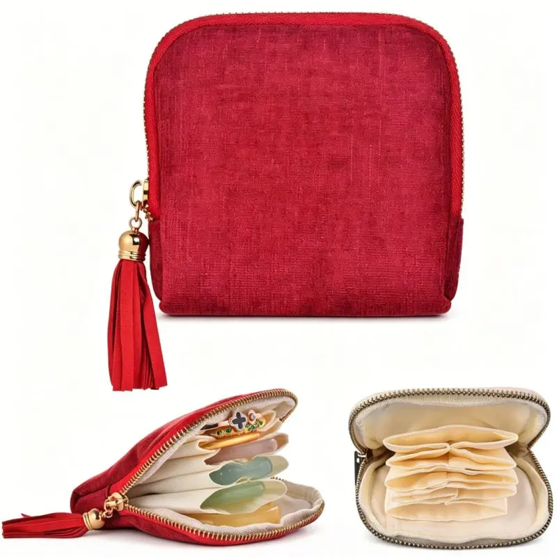 Velvet Travel Jewelry Organizer Pouch - Small Portable Accordion Jewelry Storage Bag with Tassel Zipper, Compact Travel Essentials Case for Rings, Earrings, Necklaces, Bracelets, Cute Birthday Christmas Gifts for Her