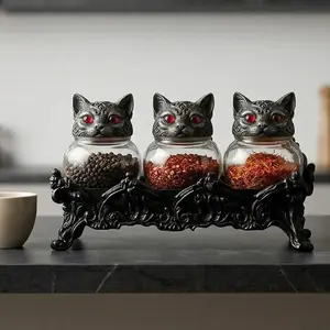 Witchy Cat Apothecary Spice Jars Set of 3, Handcrafted Frogs Spice Jars, Vintage Cat Lids, Gothic Food Storage Containers