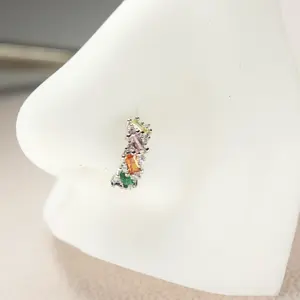 20g Nose Hoop Ring, Silver Baguette Gem Bendable Nose Ring, Multicolor Nose Piercing Jewelry, Body Jewelry