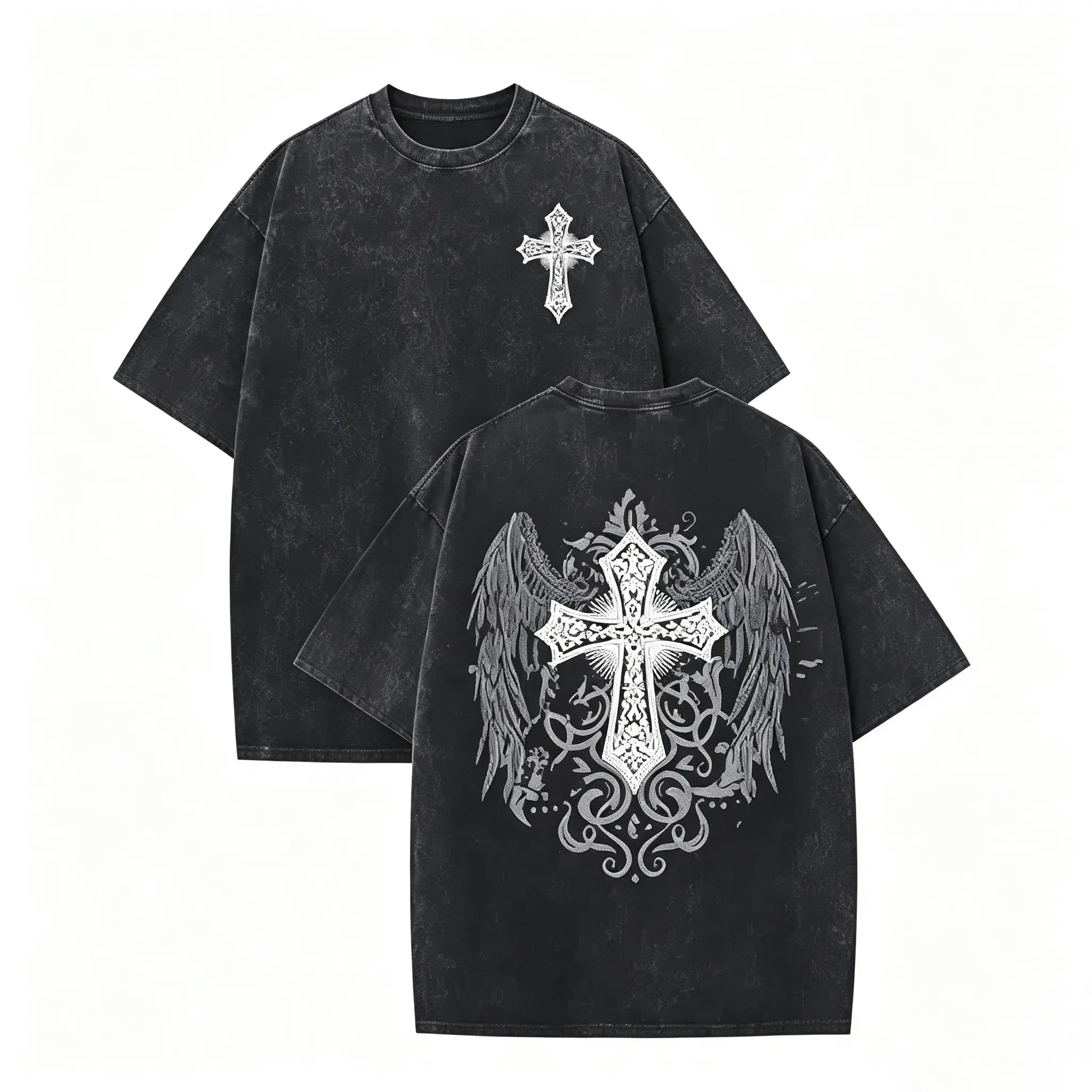 Vintage Goth Punk Shirts for Men Grunge Streetwear Oversized Tshirts Gothic Cross Graphic Tees Y2k Acid Wash T Shirt