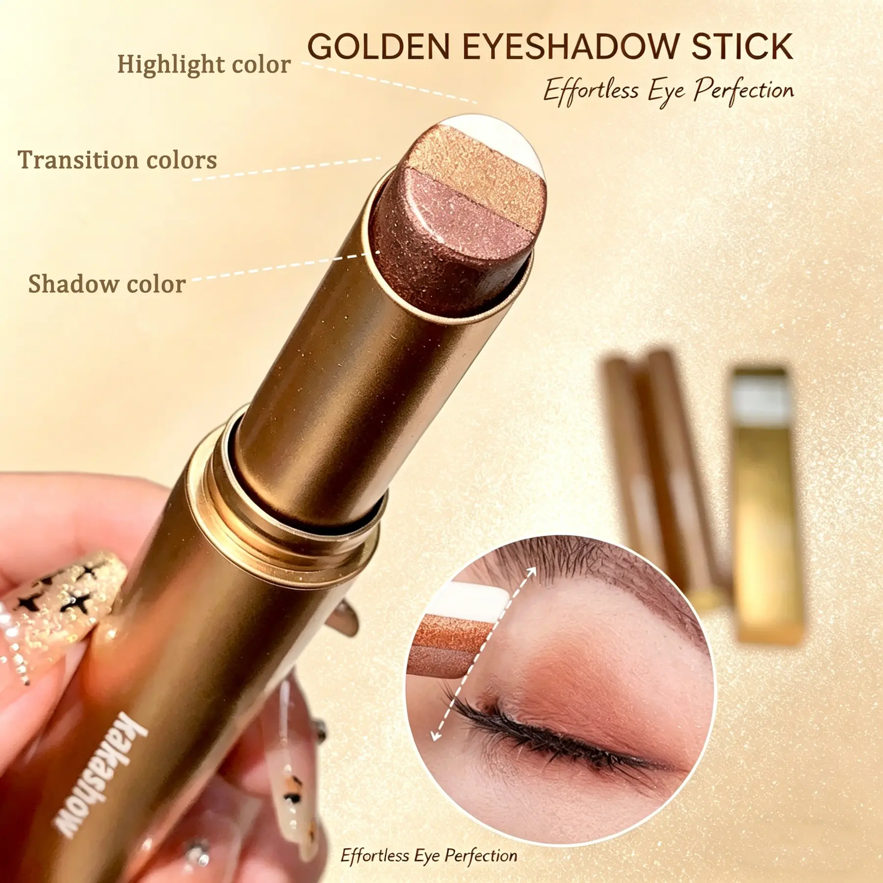 3-color gradient, Glitter eyeshadow stick, natural and long-lasting, waterproof and sweatproof, smudge-proof, with fine pearlescent shimmer, suitable for everyday wear, commuting, and parties, flattering for all skin tones, Sparkly shimmer eyeshadow