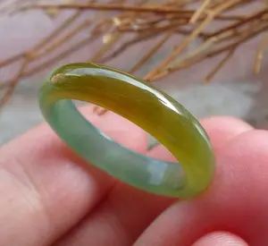 Certified Hand Carved Icy Green Yellow Natural Myanmar Burma A Jade jadeite Circle US 8 Ring