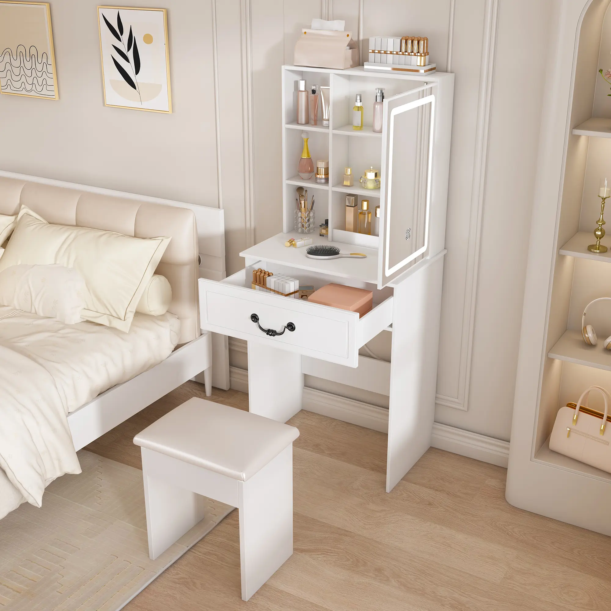 Small Vanity Desk with Mirror and Lights, Makeup Vanity Table with Drawer & 6 Shelve & Stool,Dressing Table Set for Bedroom, Brightness Adjustable, White