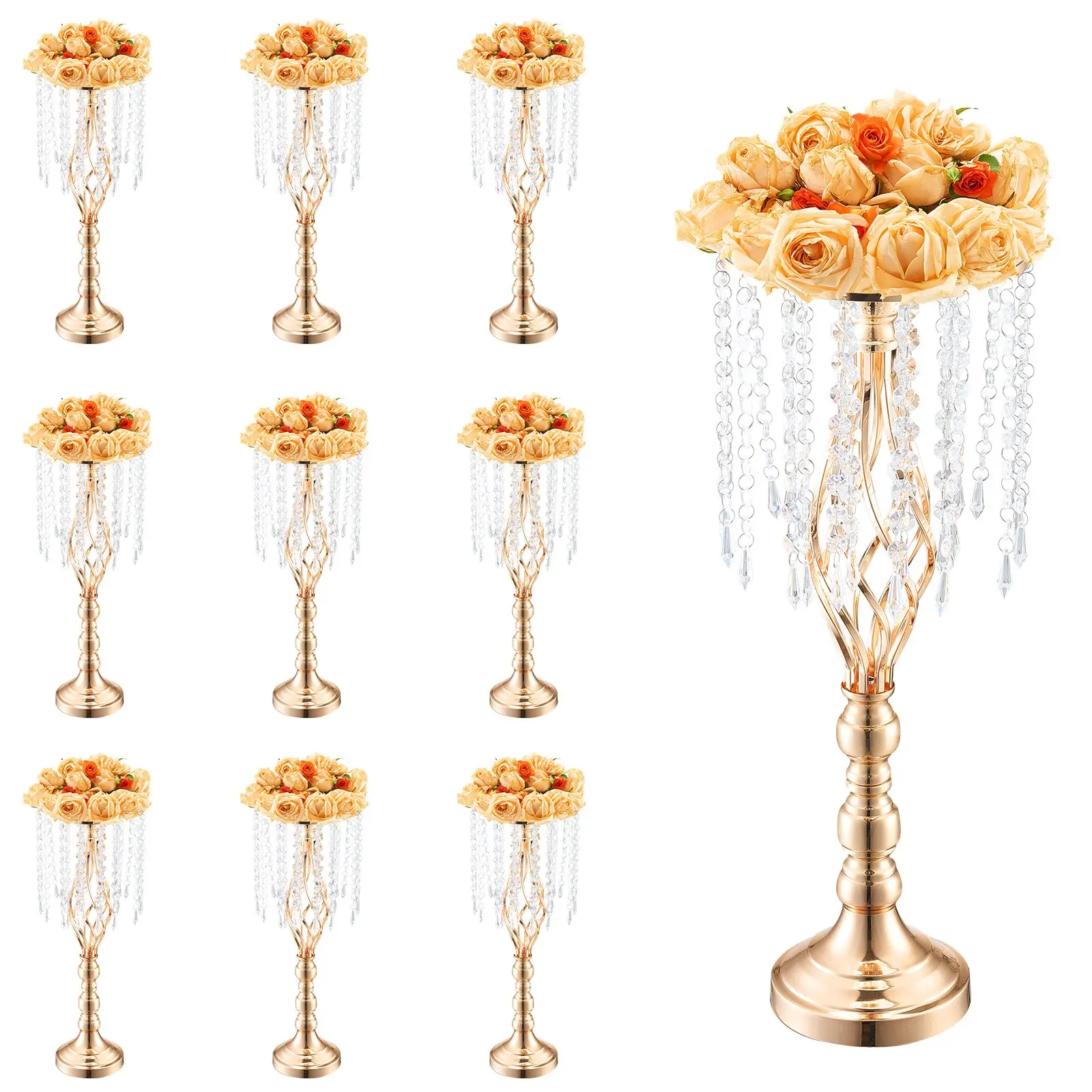【Summerfinds】VEVOR 10PCS 55cm/21.65" Tall Crystal Wedding Flower Stand, Metal Wedding Centerpiece Vase, Gold Flower Holders Floral Display Rack for Tables Wedding Dinner Party, Ceremony Birthday Event Decor Decoration