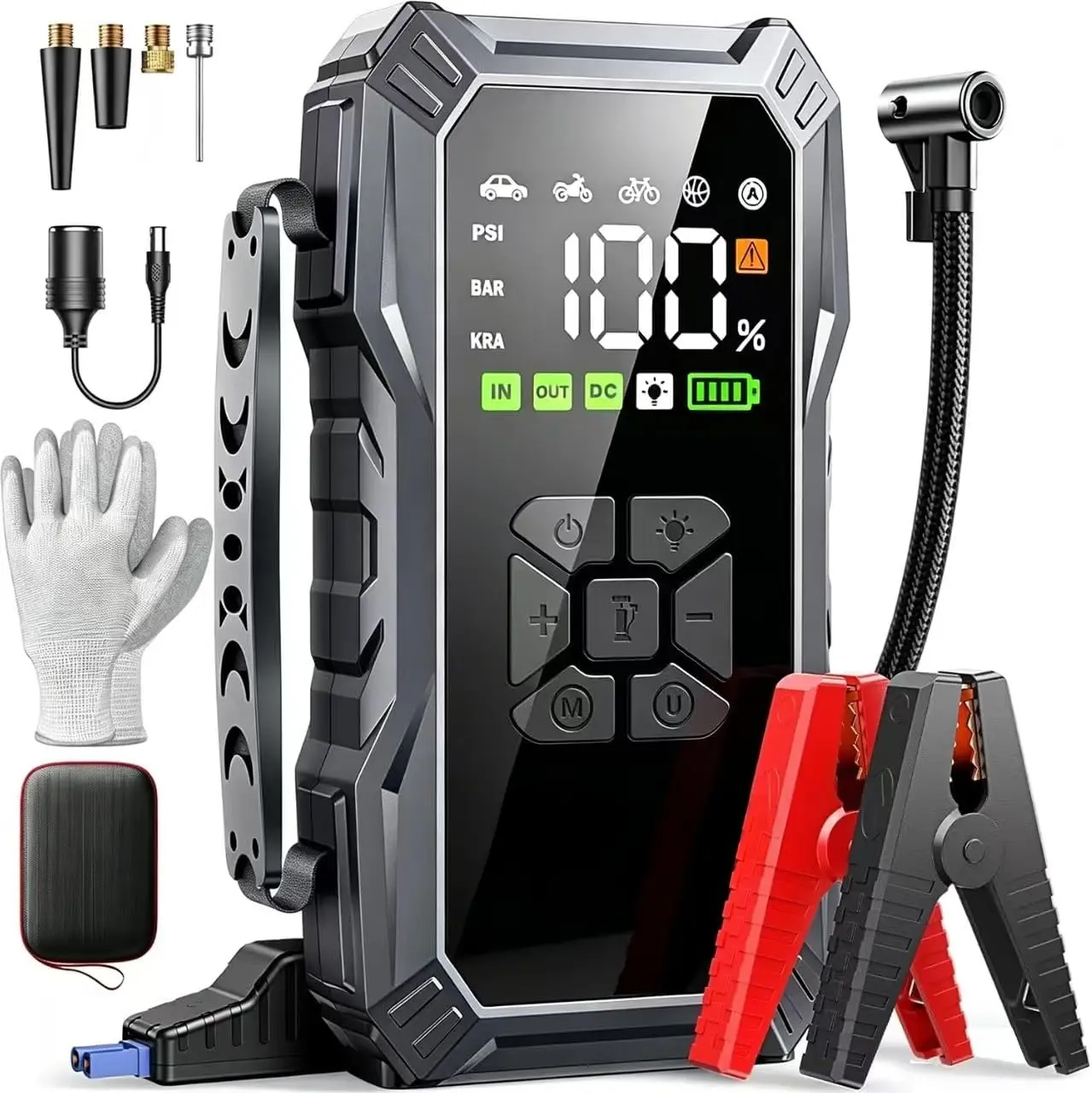 DIBMS 10-in-1 Jump Starter with Air Compressor 6000A 150PSI Car Battery Jump Starter (All Gas/10L Diesel) 12V Jump Box Car Battery Jumper Starter Portable Jumper Cables, 150W DC, Gloves, Lights