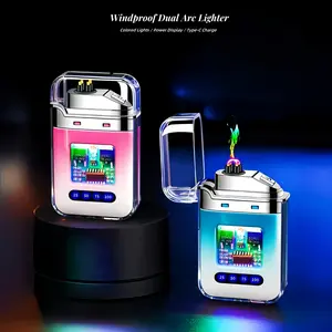 Cool Windproof Dual Arc Lighter, USB Rechargeable Electronic Lighter, Exquisite and Compact, with Colored LED Lights And Power Display, for Outdoor Travelling Camping Candles, Household Gadget, Perfect Gift for Christmas, Birthday
