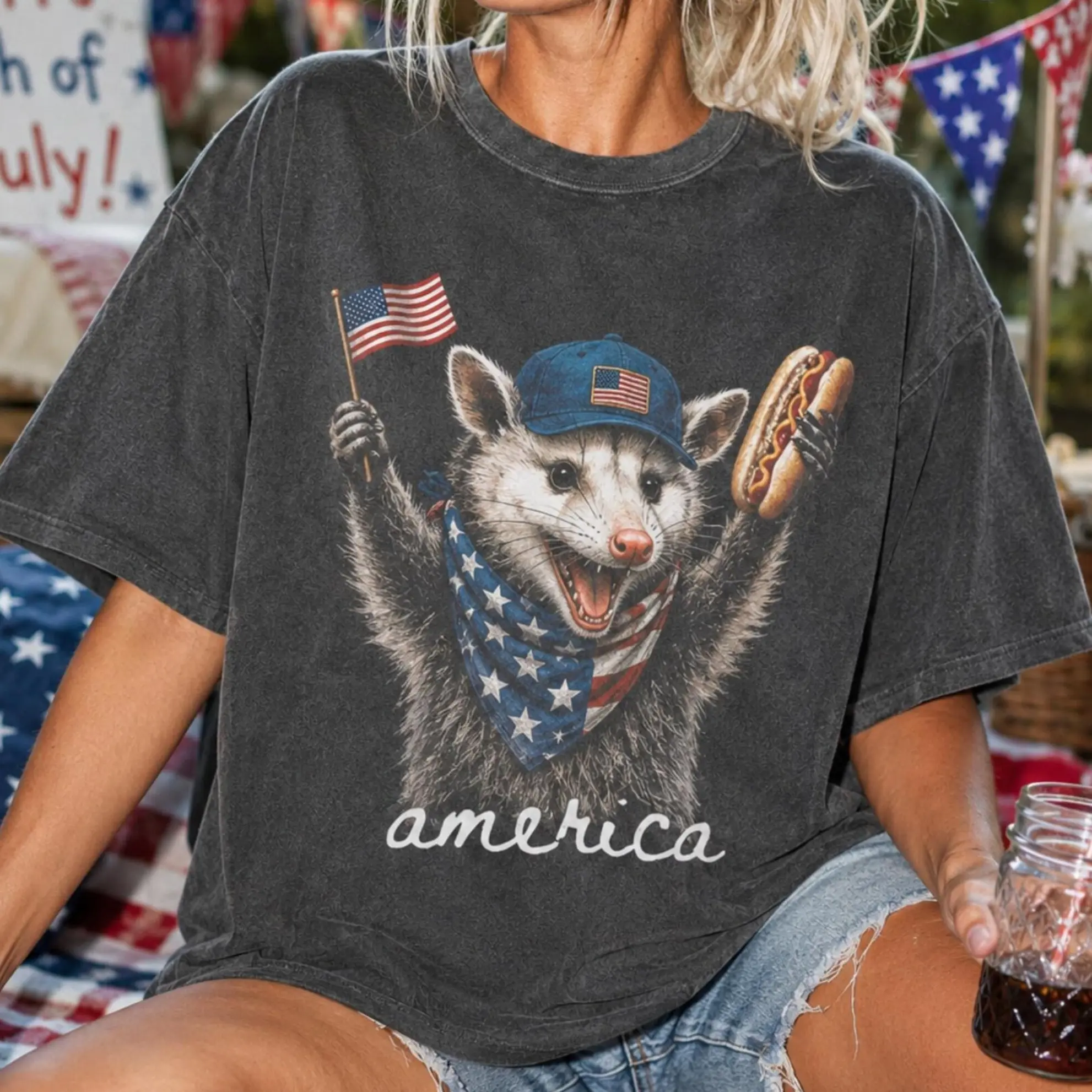 Comfort Colors Feral & Free Opossum Y2k Graphic Tee, Funny 4th of July USA Animal Independence Day Unisex T-Shirt - Perfect Gift for Fans