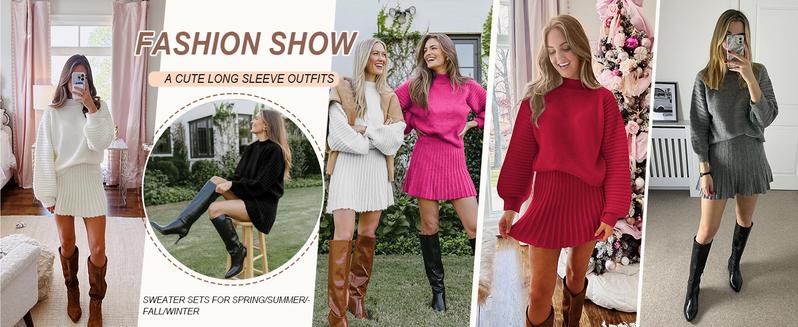 Imily Bela Women's 2 Piece Outfits 2025 Long Sleeve Mock Neck Ribbed Sweaters And Mini Skirt Two Piece Sets