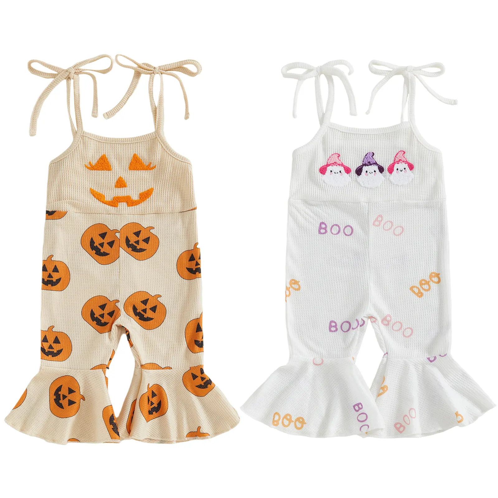 REDWOON Halloween Toddler Girl Bell Bottom Jumpsuit Pumpkin/Ghost Embroidery Romper Baby Spaghetti Straps Overalls Flare Pant Kid Playsuit