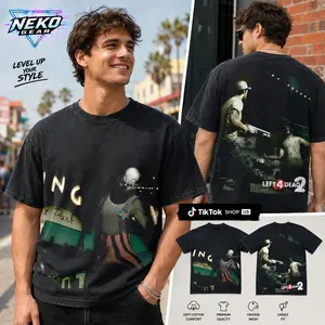 Neko Gear Menswear Left 4 Dead 2 Dark Carnival Clown Infected Graphic Washed T-Shirt, Black Cotton Crew Neck Gaming Streetwear Tee