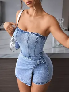 Sweet Cool Girl Vintage Wash Halter Denim Jumpsuit, Petite Exclusive Short Dress, Summer Tight Fit, Sexy Style, Solid, Perfect for Dates