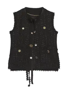 DS Unique Design Snap Women's Fitted Plain Vest - High-End Sleeveless Round Neck Top for Autumn Winter, Various Buttons, Asymmetric Ribbon, Slit Hem, Chic Elegance Casual-Formal Womenswear