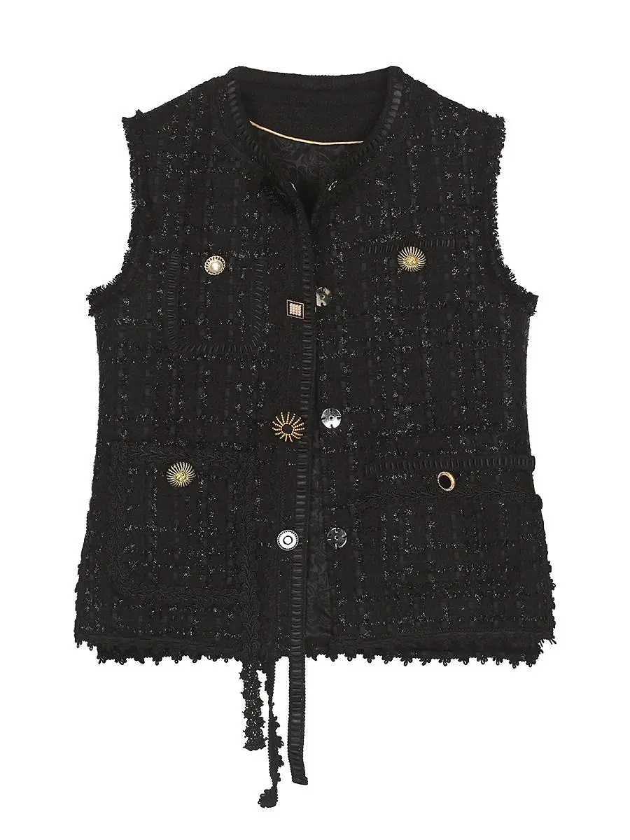 Women's DS Unique Design Elegant H-Type Fitted Polyester Solid Vest - Sleeveless Round Neck Button-Front Style Top with Asymmetrical Ribbon Slit Hem, Snap Closure, Medium Length, Cold Wash, Cool Iron, No Bleach, Dry Clean