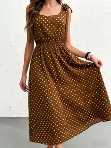 French Retro Brown Polka Dot Tie Shoulder Square Neck Smocked Waist Vacation, Vintage Coquette, Effortless Chic Casual Maxi Dress, Casual Wear
