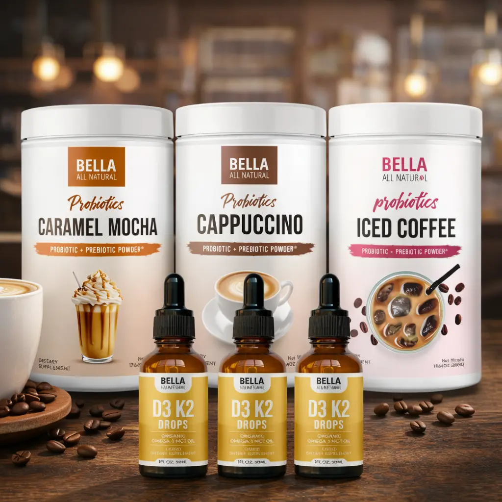 Bella All Natural Ultimate Coffeehouse Bundle: D3 K2 Drops (3-Pack) + Probiotics Caramel Mocha + Probiotics Cappuccino + Probiotics Iced Coffee