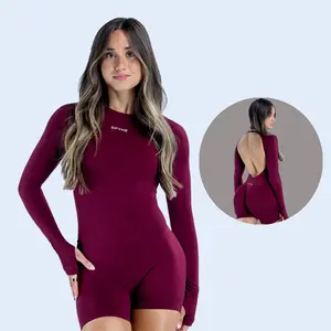 (With Logo）DFYNE Seamless Open Back Workout Bodysuit for Women, Long Sleeve Compression Yoga Jumpsuit, High Waist Biker Short Activewear Romper