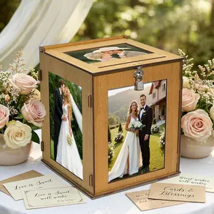OurWarm Wooden Wedding Card Box with Picture Frame, Large Gift Card Box for Wedding Reception, Rotatable Envelope Money Card Box for Party Graduation Birth