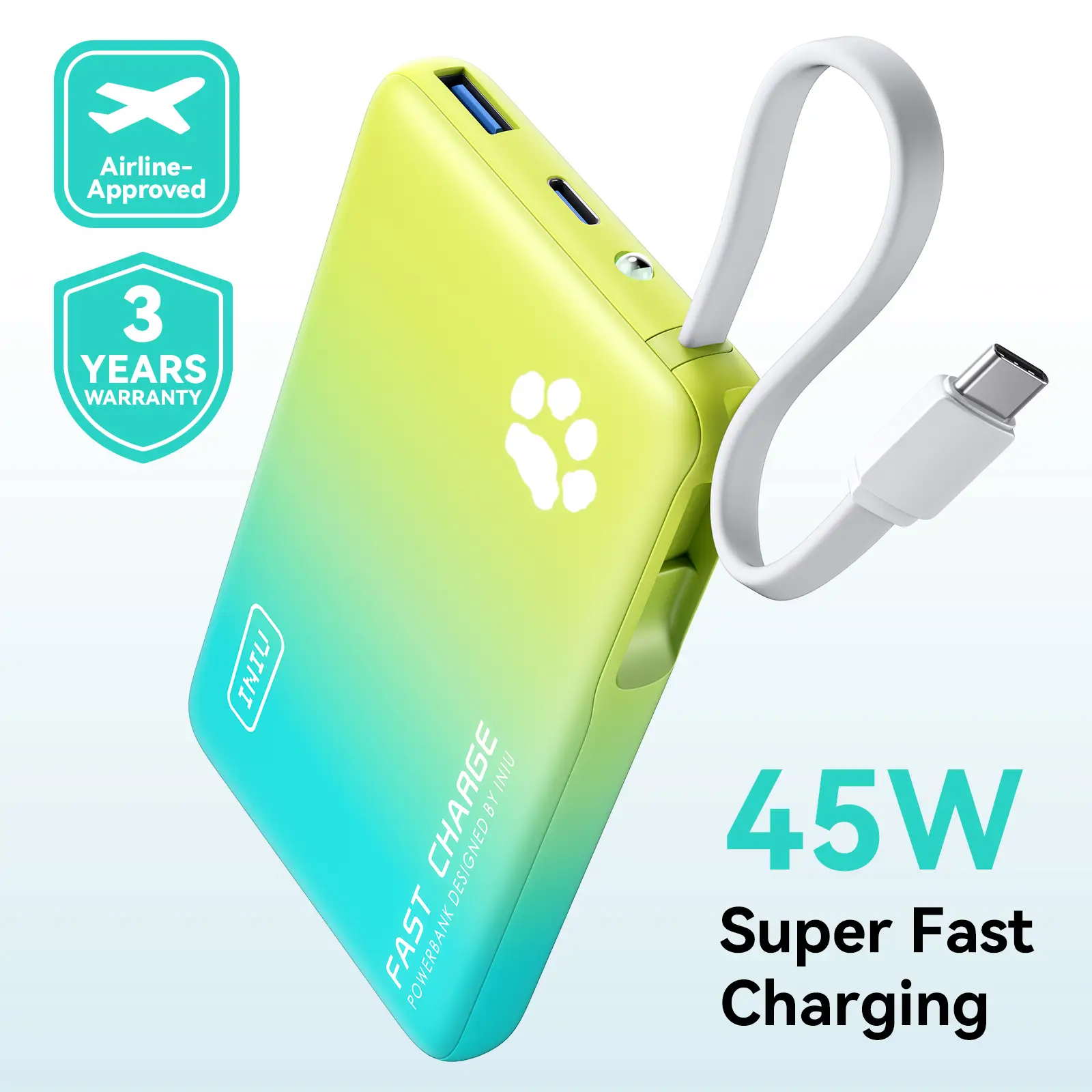 INIU PawGO 45W Power bank, Portable Charger, Slimmest 10000mAh Power Bank with Build in USB-C Cable, 45W PD Fast Charging USB C in&Out Battery Pack, E