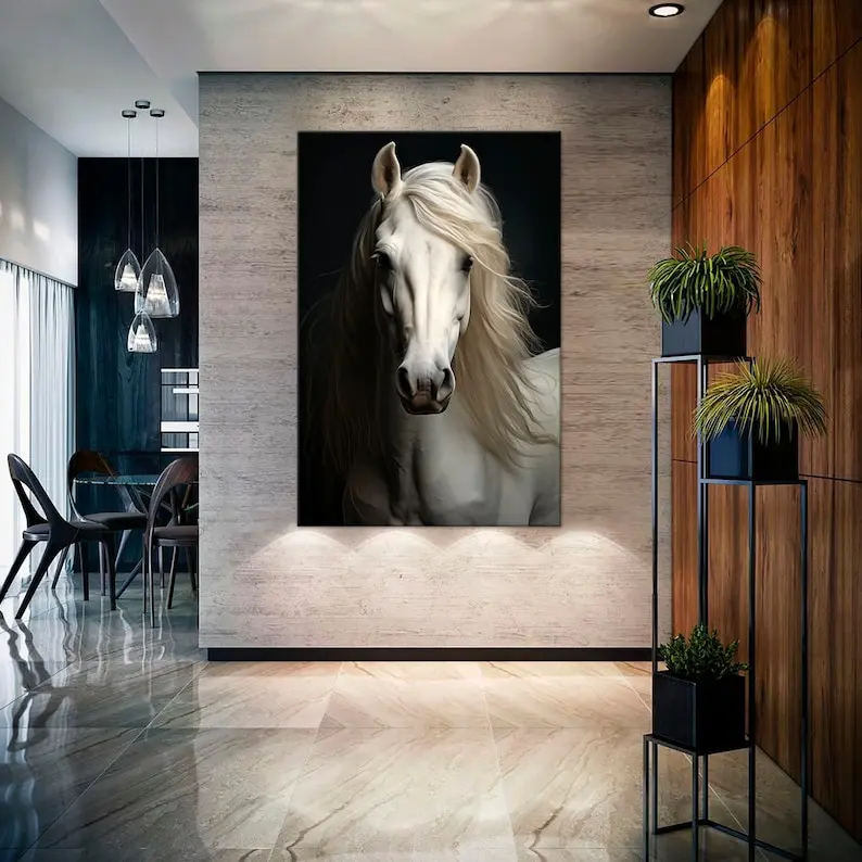 White Horse wall art Farmhouse decor Horse print Original painting Modern wall art Horse portrait Animal Extra Wall Art