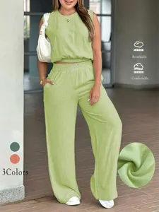 Women's Two-Piece Set Plain Vest & Wide Leg Pants, Casual Fashion Breathable Elastic, Summer Outdoor Wear