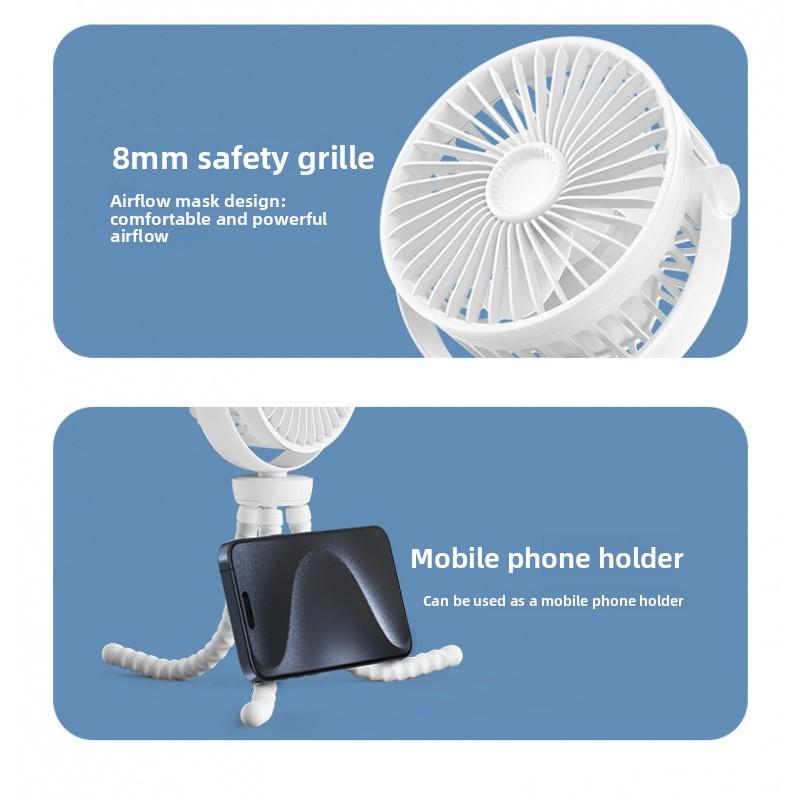 Portable Octopus Fan for Strollers, USB Rechargeable, Quiet & Foldable, Perfect for Outdoor Use