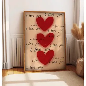 BonAirChurch Retro Love Poster, 70s Vintage Poster Print, Red Hearts Wall Art, I Love You Handwritten Notes Print, Trendy Love Letter