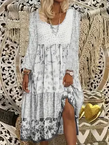 Elegant Floral Print Long Sleeve Dress for Women, A-Line Loose Fit Midi Dress, Round Neck Patchwork Design, Perfect for Spring Summer Fall, Everyday Casual Wear