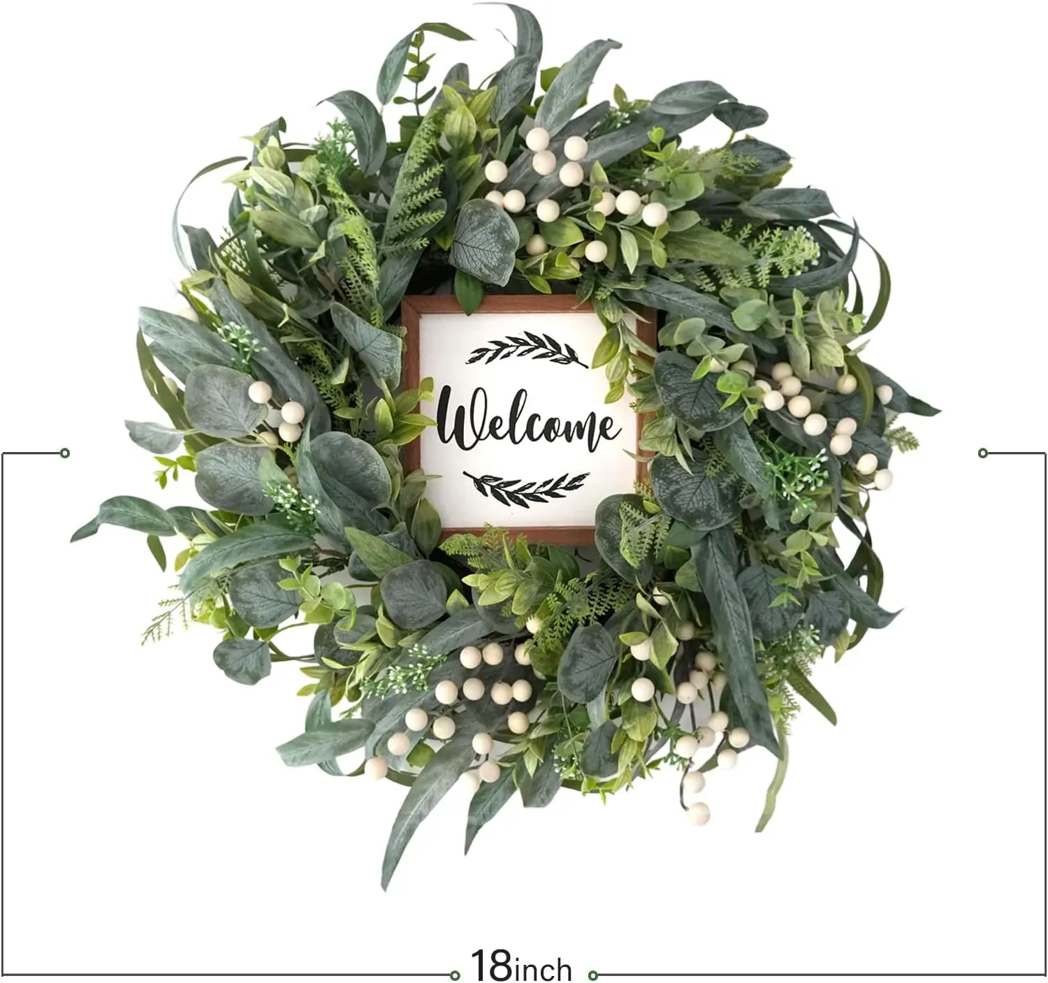 CIR OASES 20 In Art Deco Adjustable Size Silk Green Eucalyptus Wreath with White Berries, Welcome Sign & Box - All-Seasons Farmhouse Front Door Ornament for Indoor-Outdoor Home Wall Hanging Decor