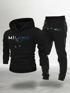 Men's Milan Theme Hoodie Set Outfit, Casual Fitted Letter Print, Spring & Fall Fashion, Trendy Style, Comfortable Wear