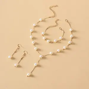 Elegant Dainty Pearl Jewelry Set - Y-Lariat Necklace, Bracelet & Earrings