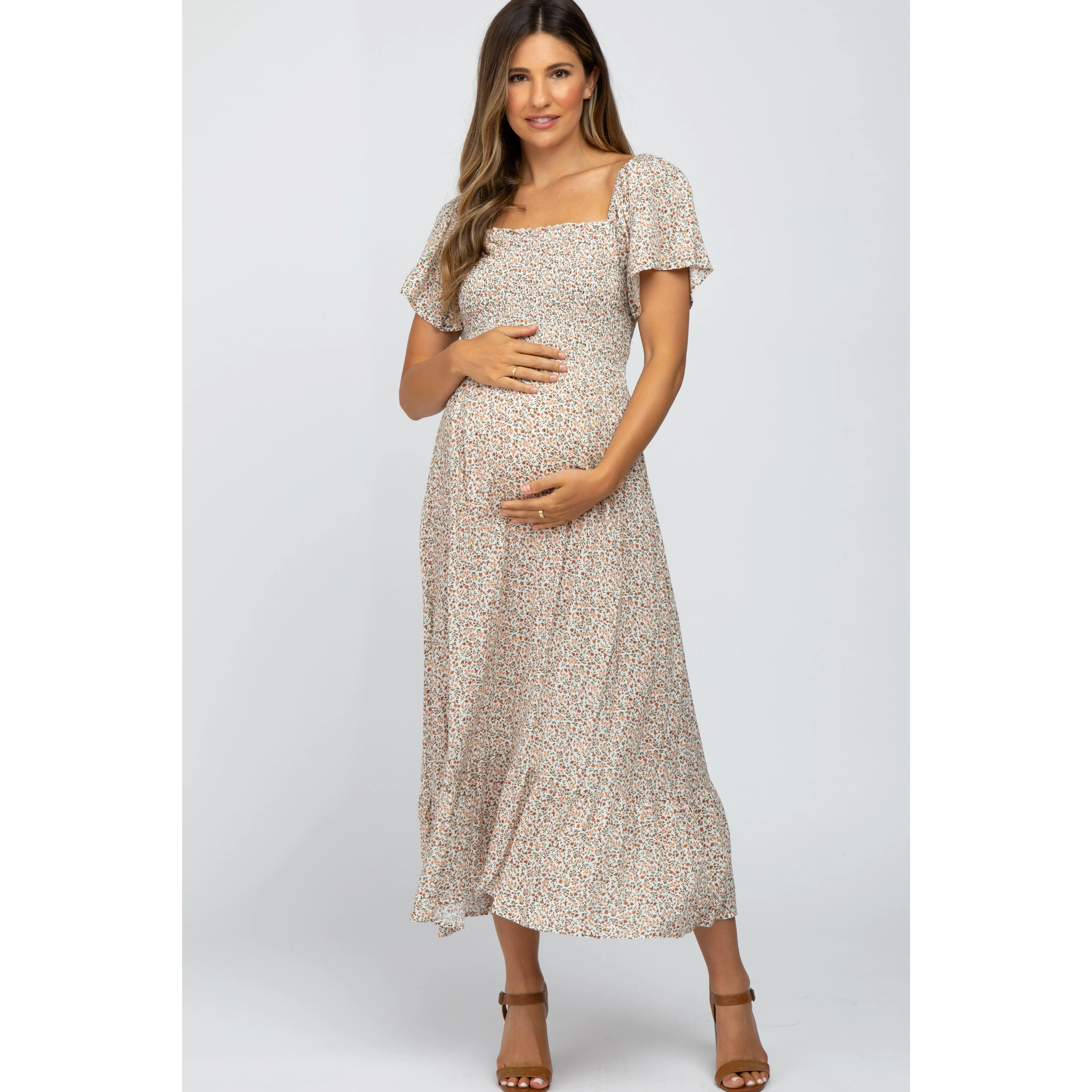 Ivory Floral Smocked Maternity Maxi Dress