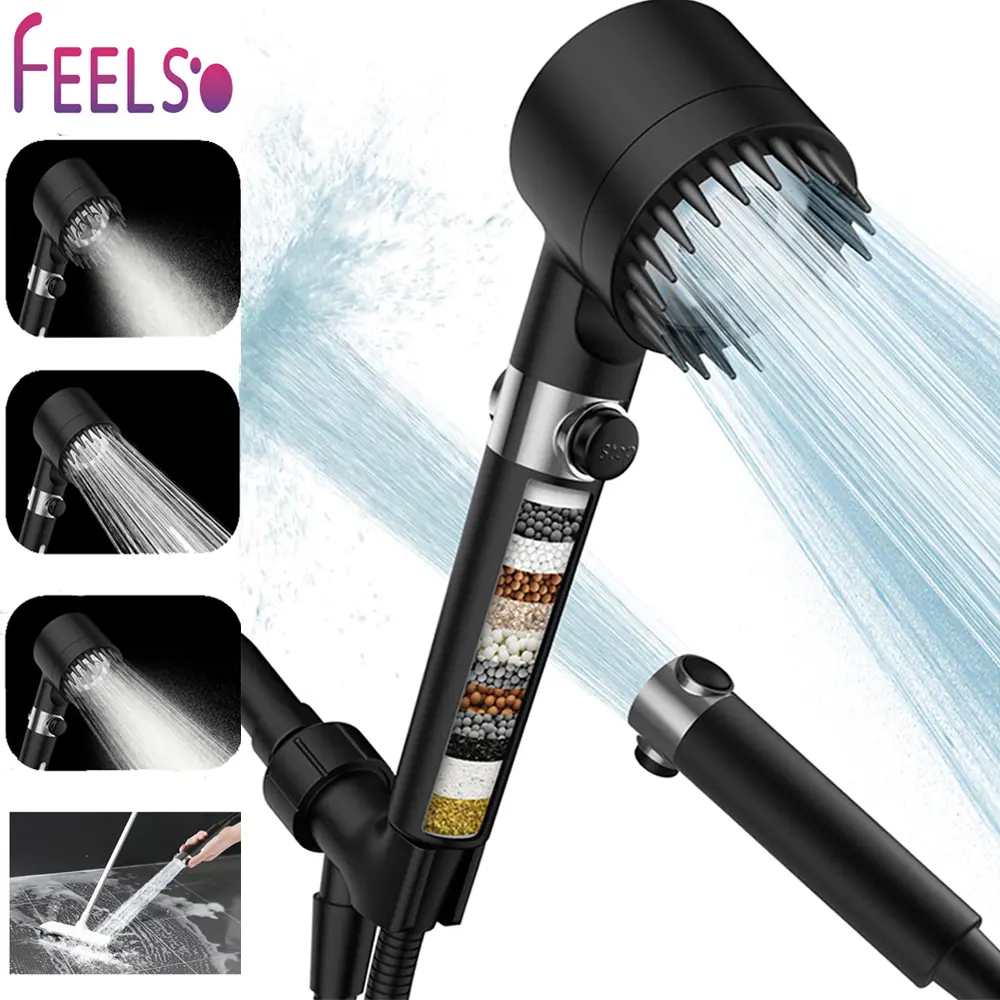 FEELSO High Pressure Filtered Handheld Showerhead - 15-Stage Vitamin C & KDF Filtration, 3+1 Spray Modes, 1.5m Stainless Steel Hose, Massage Function, 1-Touch Water Stop, Water-Saving Design, Teflon Tape, Wall Mount for Modern Bathrooms
