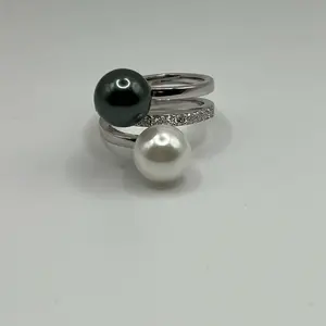 Tahitian pearl & moissanite ring rhodium plated 925 sterling silver