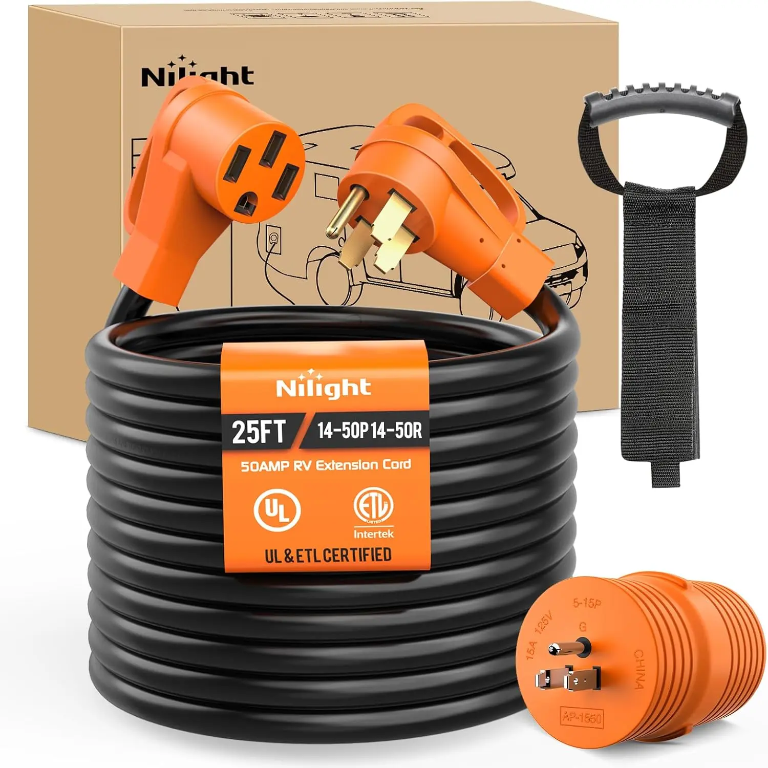 Nilight 25FT 50A RV Extension Cord - 15A to 50A 250V Adapter, 6/3+8/1 Gauge Pure Copper STW Wire, UL ETL Listed, 4-Prong 14-50P 14-50R, Heavy-Duty Weatherproof Outdoor Cord for Generators, Campers
