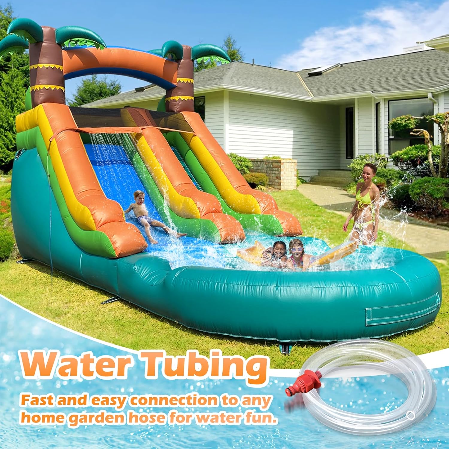 Water Slide Commercial, 21FT Big Water Slide for Kids and Adults with Powerful 950W Blower & Water Tube,100% Commercial Grade PVC Inflatable Adult Water Slides with Splash Pool (Green, 21x12x9FT)