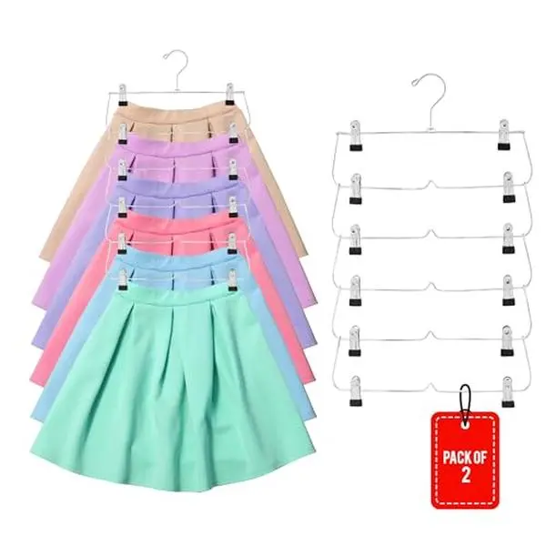 Space-Saving 6 Tier Shorts, Skirts, Pants Hangers (2-Pack) | Multi-Purpose Closet Space Saver with Clips for Pants, Shorts, Skirts, Leggings | USTECH Durable Alloy Steel College Dorm Hangers
